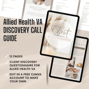 Peut inclure: Un modèle numérique de guide d'appel découverte pour assistant virtuel en santé, comprenant 12 pages de questionnaires clients. Le document est présenté sur deux écrans de tablette avec du texte, des tons beige et une mise en page épurée.