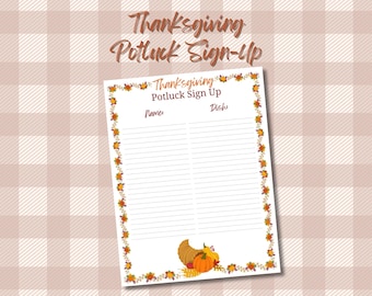 Könnte beinhalten: Thanksgiving Potluck Anmeldeformular mit einem dekorativen Rand aus Herbstblättern und Kürbissen. Das Anmeldeformular hat Platz für Namen und Gerichte. Der Hintergrund ist ein Karomuster.