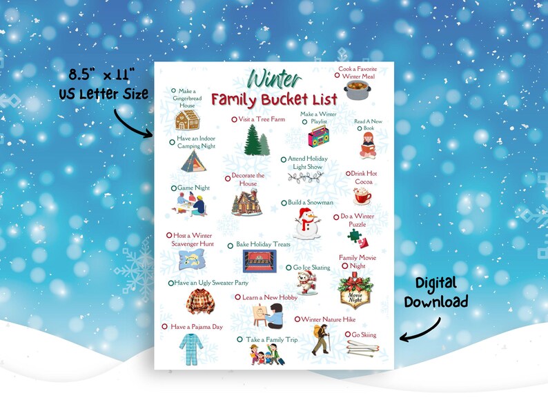 Winter Family Bucket List, Printable Christmas Activity, Christmas to