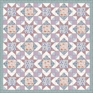 May include: A quilt featuring a repeating star and square block pattern. The fabric displays alternating prints of light pink with small orange animal motifs and light blue with floral patterns, accented by solid lavender and white geometric shapes.