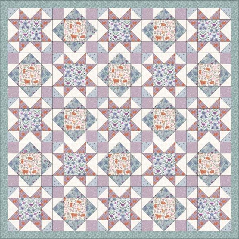May include: A quilt featuring a repeating star and square block pattern. The fabric displays alternating prints of light pink with small orange animal motifs and light blue with floral patterns, accented by solid lavender and white geometric shapes.