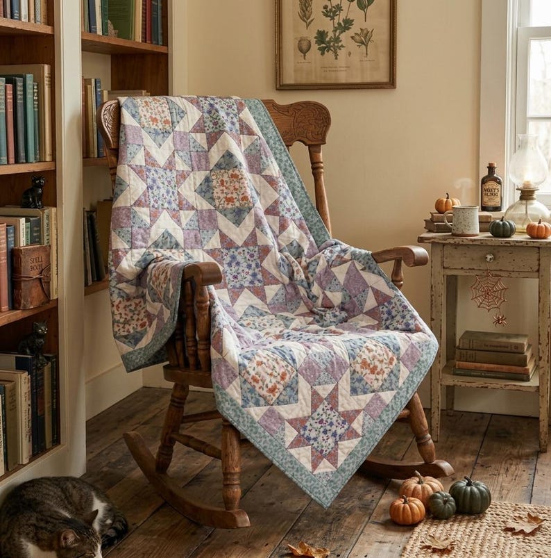 May include: A patchwork quilt featuring a star pattern in shades of blue, purple, and orange floral prints, draped over a wooden rocking chair. The quilt has a light blue border and is displayed in a room with bookshelves and a side table.