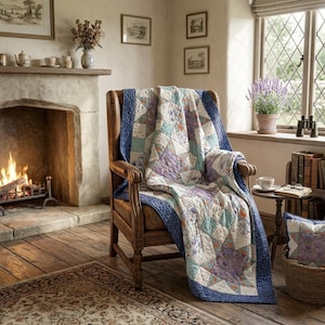 May include: A wooden armchair draped with a patchwork quilt featuring star patterns in shades of blue, purple, and white. The quilt has a dark blue border and is made of fabric squares with floral and geometric prints. A matching pillow sits nearby.