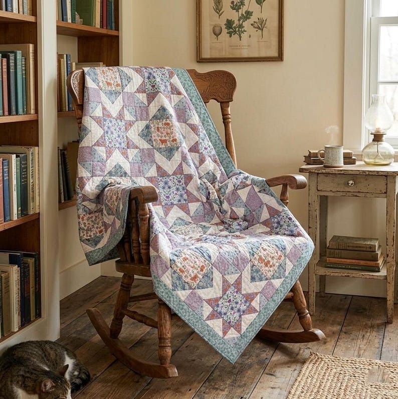 May include: A patchwork quilt featuring a star pattern in shades of lavender, blue, and white, draped over a wooden rocking chair. The quilt displays various floral and small-scale geometric prints within its pieced blocks and a solid border.