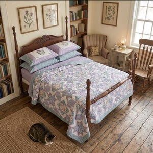 May include: A wooden bed frame with a quilt featuring a purple and blue star pattern. The bedding includes two pillows with floral embroidery. A brown tabby cat sits on a woven rug in front of the bed. The room contains bookshelves, a wooden chair, and a small side table with a lamp.