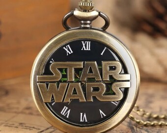 Star Wars Logo Carved Black Quartz Pocket Watch Themed Necklace