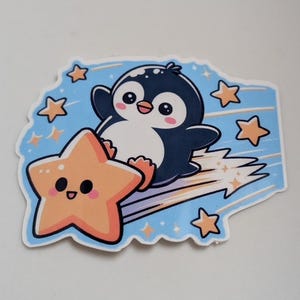 Lindo pingüino balanceándose en una estrella Pegatina Pingüino Estrella Lindo