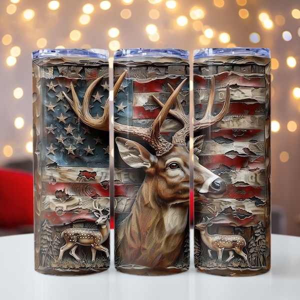 Patriotic Deer Tumbler Design - Digital File for 20oz Skinny Tumblers, Rustic Woodland and American Flag Theme, Printable Wrap, 300dpi