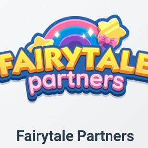 Puede incluir: Un logotipo colorido con las palabras "FAIRYTALE partners" en amarillo y rosa, delineadas en azul. Encima del texto hay un arcoíris, una estrella amarilla con un lazo rosa y una nube. Debajo del logotipo, el texto "Fairytale Partners".