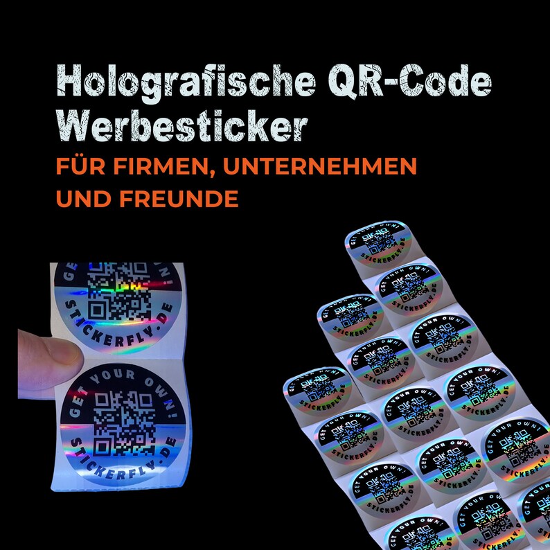 Pegatinas publicitarias holográficas con código QR y tu logo Duradero, ecológico, resistente a los arañazos, resistente al agua imagen 2