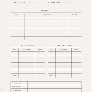 May include: A printable monthly budget tracker with sections for income, fixed expenses, and other expenses. The tracker includes fields for date, description, and amount. There are also sections for total income, total expenses, and total savings. The tracker has a beige background with brown text.