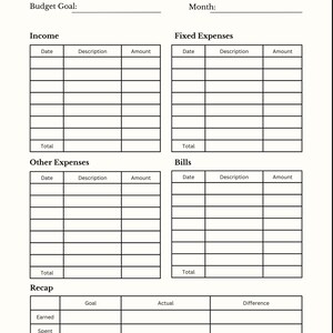 May include: A printable expense tracker budget worksheet with sections for income, fixed expenses, bills, other expenses, and a recap. The worksheet includes columns for date, description, and amount.