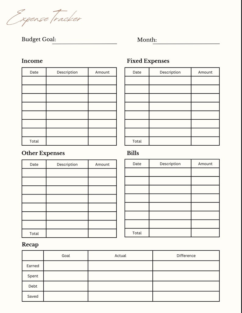 May include: A printable expense tracker budget worksheet with sections for income, fixed expenses, bills, other expenses, and a recap. The worksheet includes columns for date, description, and amount.
