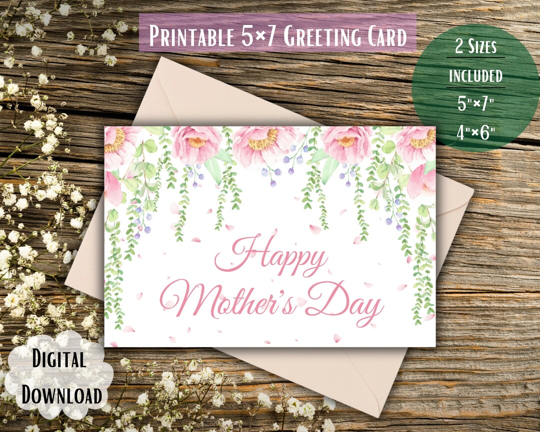 Printable Mothers Day Card With Flowers, PDF Digital Card, Instant ...