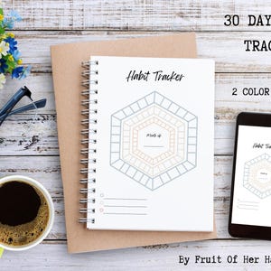 May include: A spiral-bound habit tracker notebook with a geometric design, a smartphone displaying the same design, and the text "30 Day Habit Tracker." The image includes a cup of coffee, glasses, and flowers.