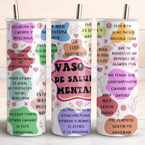 Salud mental española 20oz flaco vaso sublimación SVG archivo amor propio español afirmación diaria vaso diseño SVG Wrap Cup Wrap archivo PNG