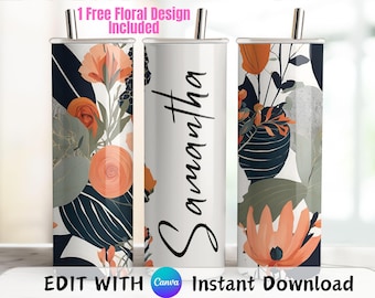 Monogram Floral Tumbler Wrap: 20oz Skinny Sublimation Design (Digital Download)