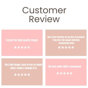 Puede incluir: Gr&aacute;fico con el texto "Customer Review" en la parte superior. Debajo, cuatro rese&ntilde;as de clientes con calificaciones por estrellas. Las rese&ntilde;as est&aacute;n sobre fondos rosas y beige. Las rese&ntilde;as dicen "I loved the high quality image", "One of the favorites on my line of products!", "Very nice image, easy to use on canva" y "The best seller 100% recommend".