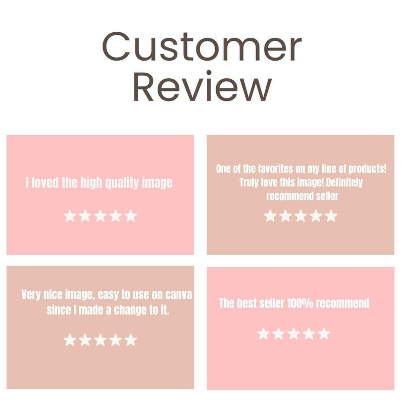 Puede incluir: Gr&aacute;fico con el texto "Customer Review" en la parte superior. Debajo, cuatro rese&ntilde;as de clientes con calificaciones por estrellas. Las rese&ntilde;as est&aacute;n sobre fondos rosas y beige. Las rese&ntilde;as dicen "I loved the high quality image", "One of the favorites on my line of products!", "Very nice image, easy to use on canva" y "The best seller 100% recommend".
