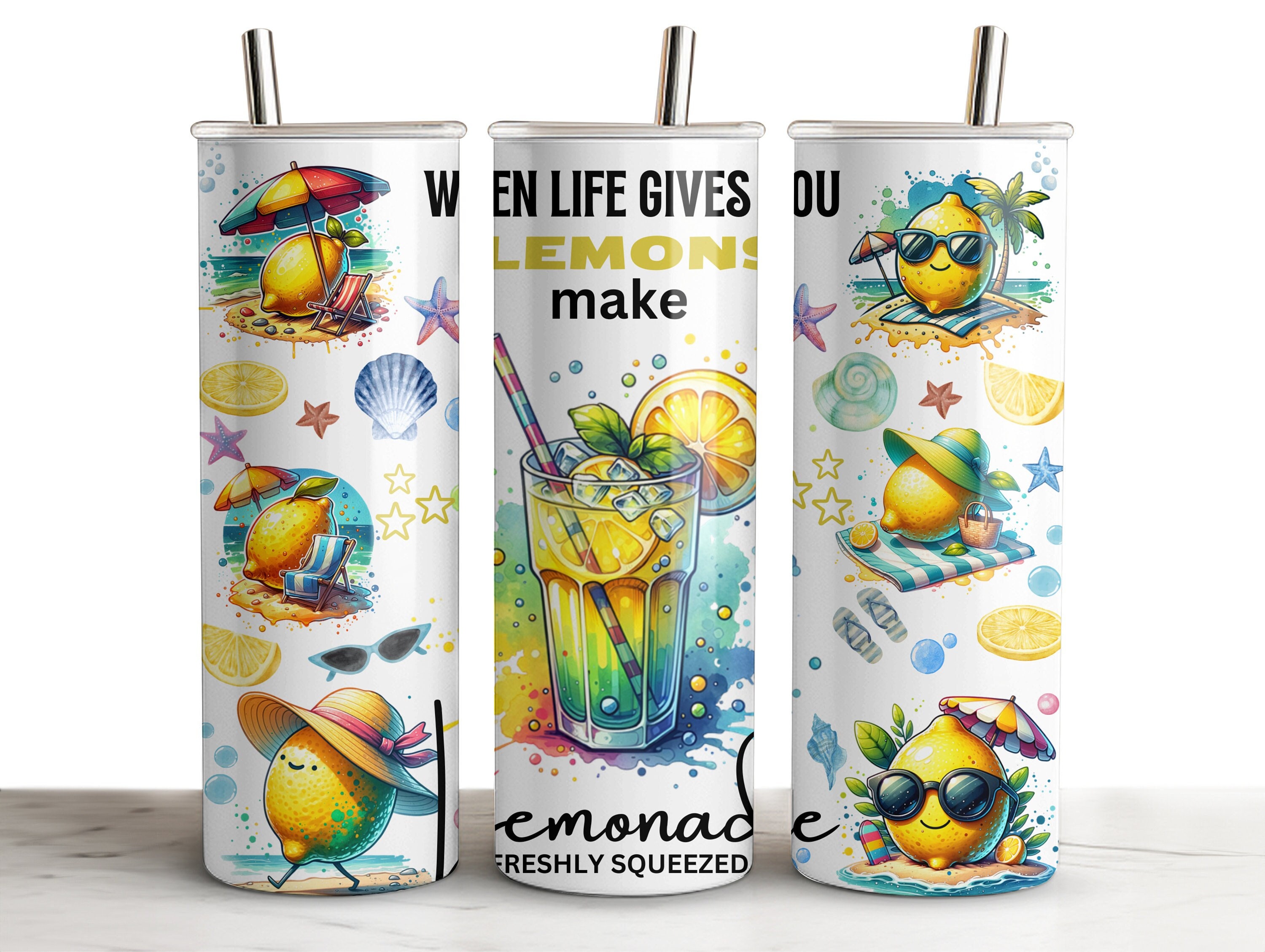 Lemonade Ocean Beach Life Tumbler Wrap: 20 oz Skinny Sublimation Design (Digital Download)