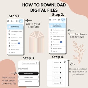 Puede incluir: Gu&iacute;a paso a paso sobre c&oacute;mo descargar archivos digitales, con capturas de pantalla de un dispositivo m&oacute;vil. La gu&iacute;a incluye instrucciones para ir a tu cuenta, compras y rese&ntilde;as, y luego descargar los archivos.