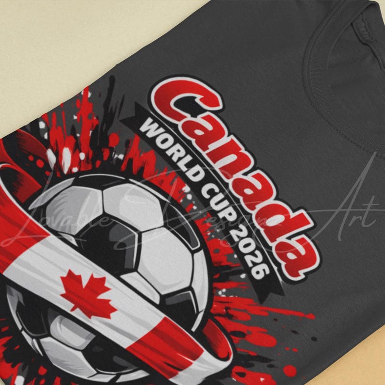 Puede incluir: Camiseta gris oscuro con un bal&oacute;n de f&uacute;tbol y una bandera canadiense. El texto "Canada WORLD CUP 2026" es rojo y blanco, con salpicaduras rojas.