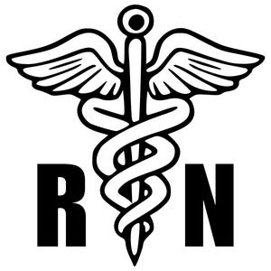 May include: Black and white Registered Nurse (RN) symbol. The design features the Rod of Asclepius, a staff with two snakes, and wings. The letters "R" and "N" are in bold, capital letters.