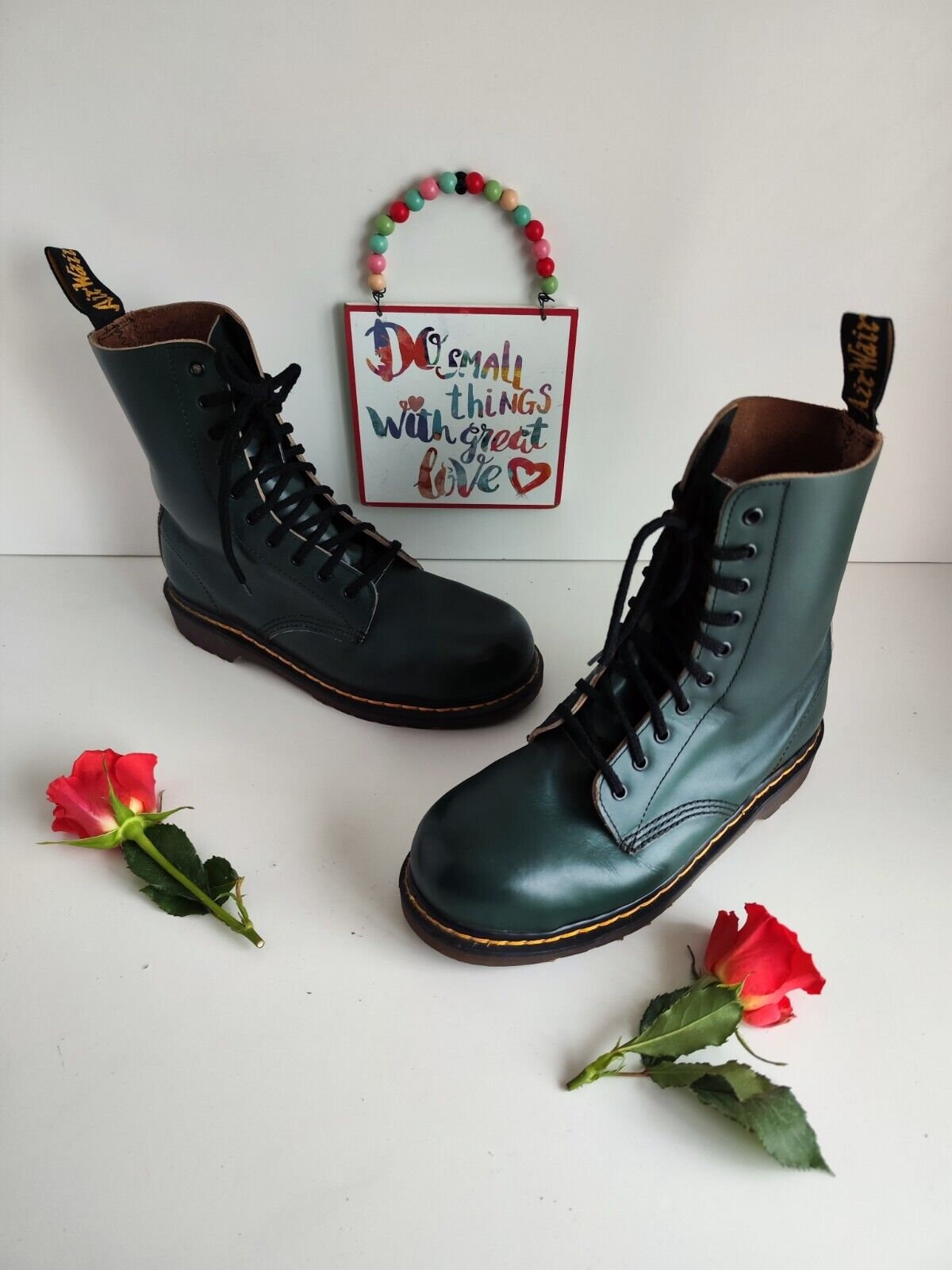 Dr Martens 10 Eye 1490 Green Vintage England Double Stiches