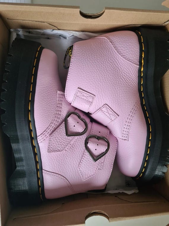 New Dr Martens Devon Pink Lazy Oaf Boots Heart Platform