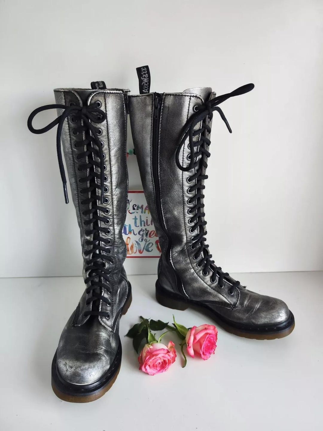 Dr. Martens 1B60 Silver Leather 20-hole Knee High Boots - UK4 EU37