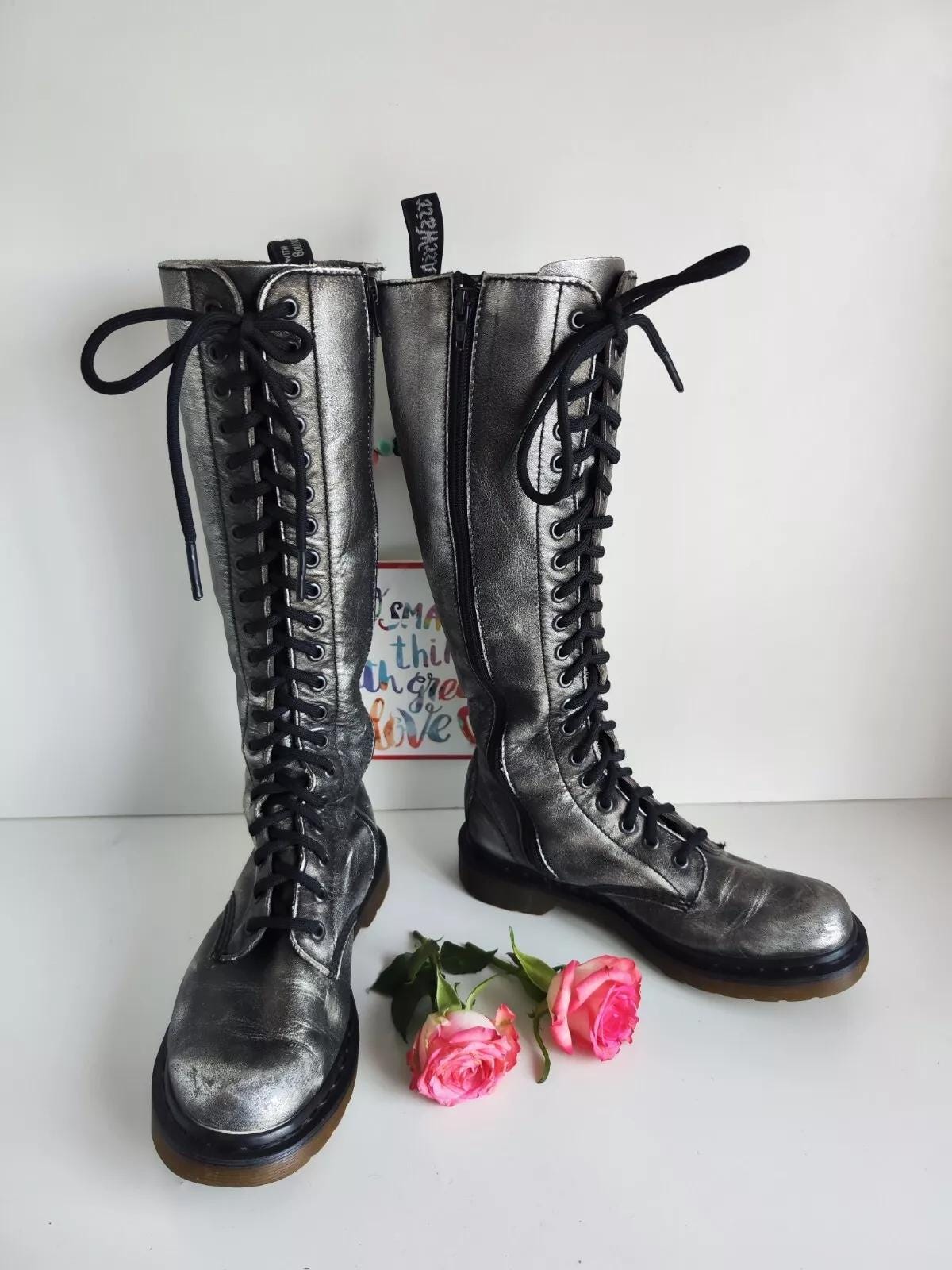 Dr. Martens 1B60 Silver Leather 20-hole Knee High Boots - UK4 EU37 