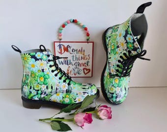Dr. Martens 1460 Floral Pascal Boots, White Ankle Boots (UK 5 / US