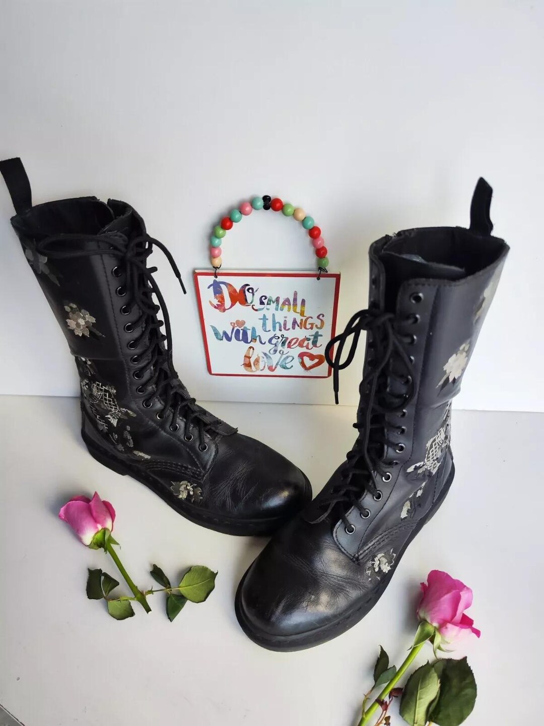 Dr. Martens 14-eye Floral Leather Boots, Black & White (UK7 / US9