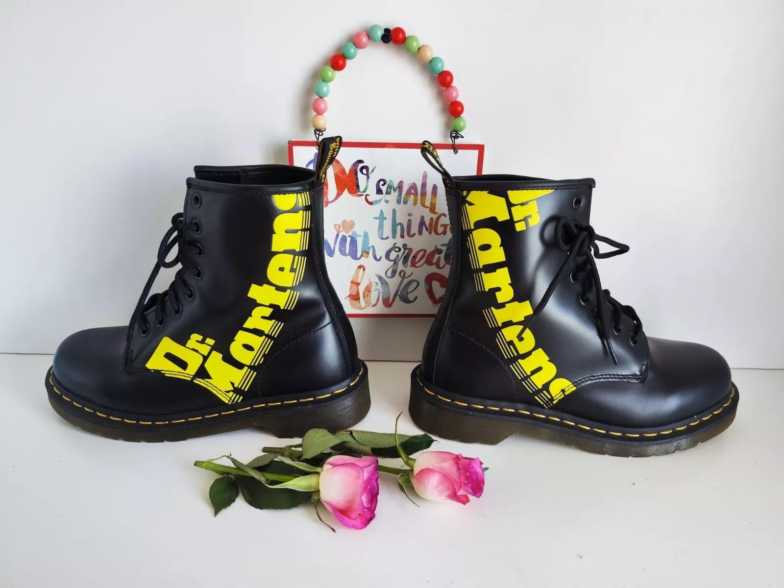Dr Martens 1460 8 Hole Black Logo Brand Boots Black Yellow Dr Martens 1460 8 Hole Black Logo Brand Boots Black Yellow