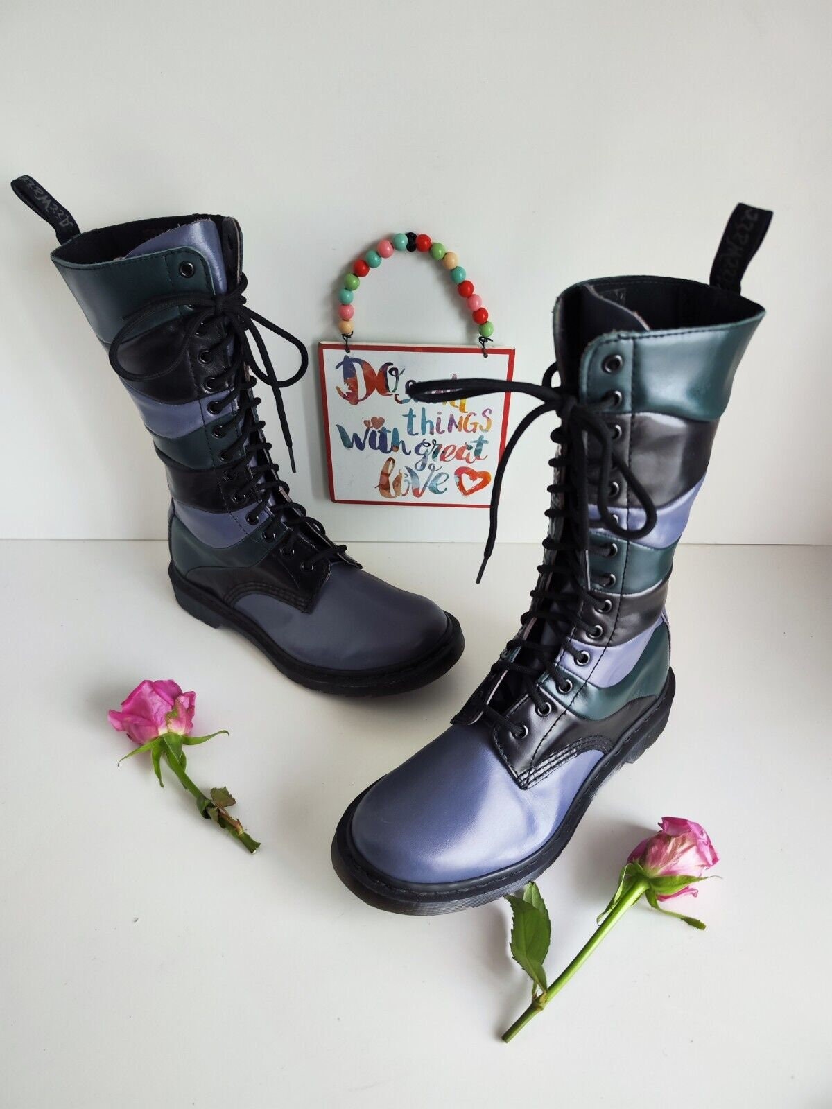 New No Box Dr Martens Nina 14 Eye 1914 Purple Green Mid Calf Boots UK6 EU39 New No Box Dr Martens Nina 14 Eye 1914 Purple Green Mid Calf Boots UK6 EU39