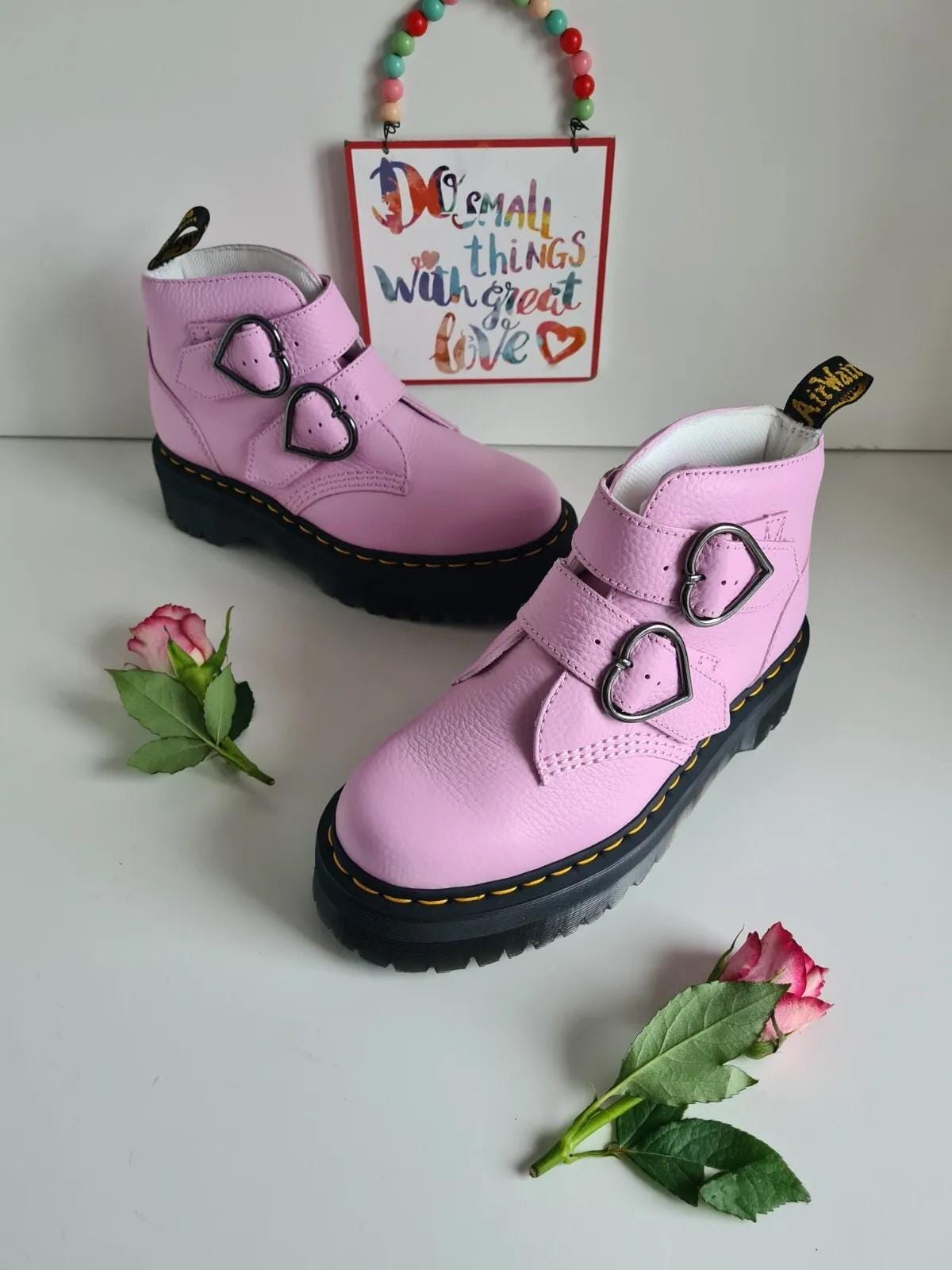 New Dr Martens Devon Pink Lazy Oaf Boots Heart Platform