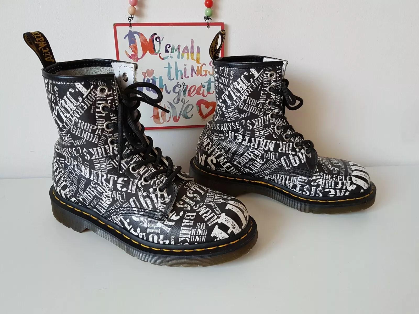 Dr Martens 1460 8 Hole Logo Brand Printing Black White Boots Dr Martens 1460 8 Hole Logo Brand Printing Black White Boots