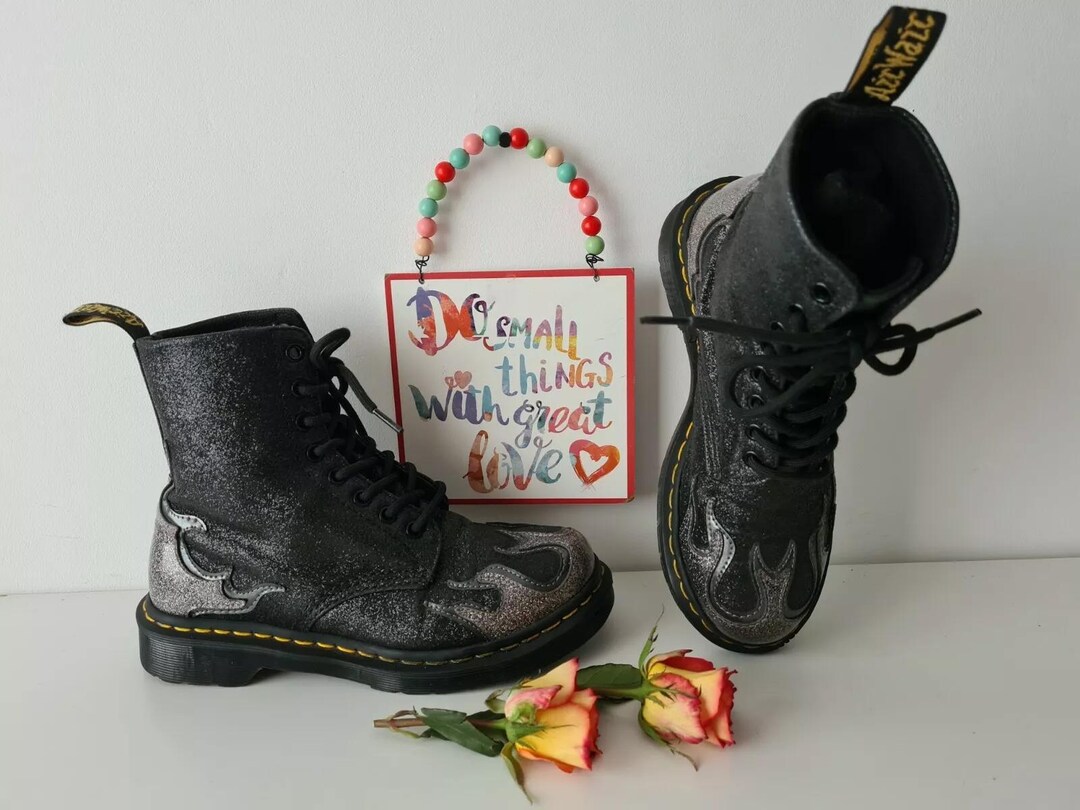 Dr Martens Red Glitter Combat Boots Pascal Flame 1460 UK 4