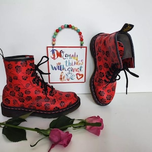 Dr Martens Pascal 1460 red with black roses ankle boots 8 hole UK5 EU 38 US7