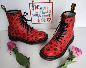 Dr Martens Pascal 1460 Red With Black Roses Ankle Boots Hole UK5