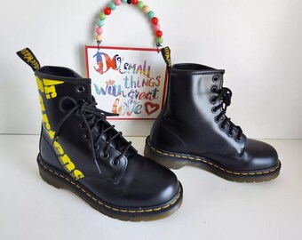 Dr Martens 1460 8 Hole Black Logo Brand Boots Black Yellow Dr Martens 1460 8 Hole Black Logo Brand Boots Black Yellow
