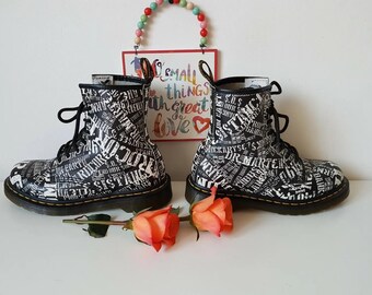 Dr Martens 1460 8 Hole Logo Brand Printing Black White Boots UK4