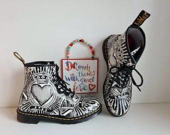 Dr Martens 1460 Pascal Boots Black White Heart Playing Card Egret