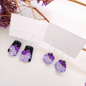 Purple Pansy Flower Earrings, Polymer Clay Earrings, Handmade Floral Dangle Earrings, Wearable Art, Purple Botanical Earrings, Spring Flower
