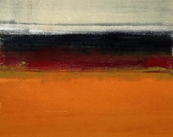 May include: An abstract painting featuring horizontal bands of color. The top section is a light gray, followed by a thin white line, a wide band of deep black, a narrow strip of dark red, a thin olive green line, and a large solid orange base.