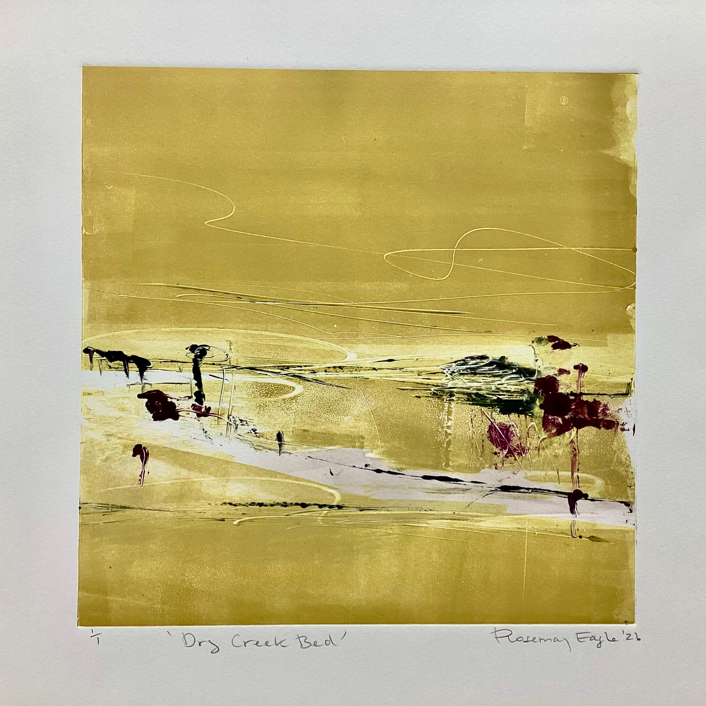 Printmaking, monotype, unique hand printed artwork, colourful abstract, dessert landscape, dry creek bed, Australia
