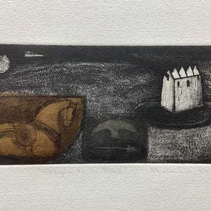 May include: Monochrome print depicting a horse in a bowl, a building, and a bird with an arrow. The artwork has a textured, grainy appearance with the title "Fragments In Time" and the artist's signature.