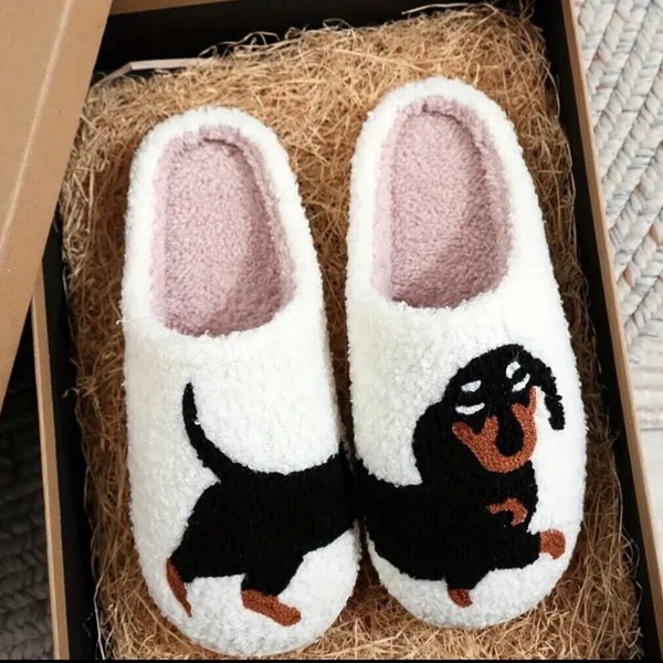 Cute Cartoon Dog Dachshund Pattern Slippers, Casual Slip On Plush Lined Shoes, Comfortable Indoor Slippers