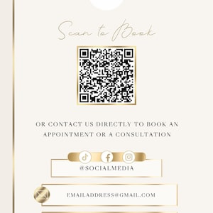 May include: Cream-colored business card design with gold accents. Features a QR code, the text "Scan to Book," and contact information including social media handles, email, and address. A space for a logo is at the top.