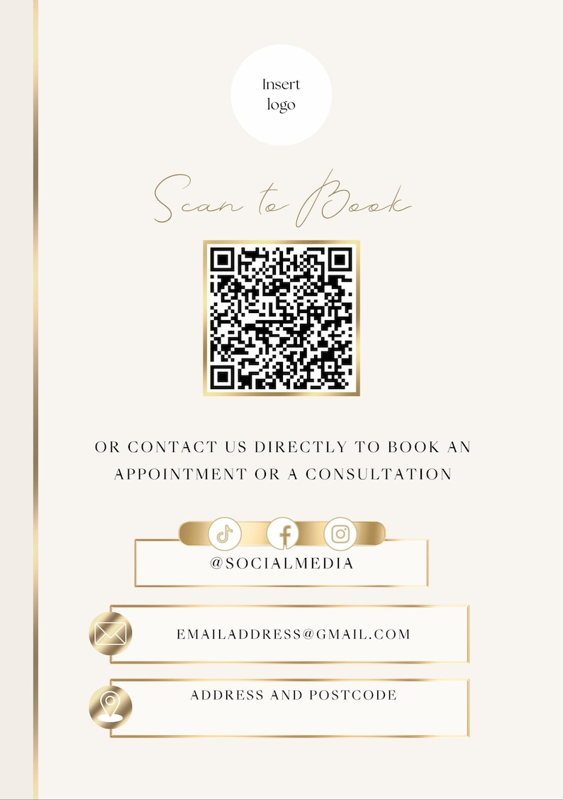 May include: Cream-colored business card design with gold accents. Features a QR code, the text "Scan to Book," and contact information including social media handles, email, and address. A space for a logo is at the top.